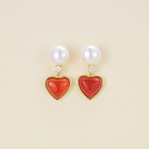 Red Heart Pearl Earrings - Gold Vermeil